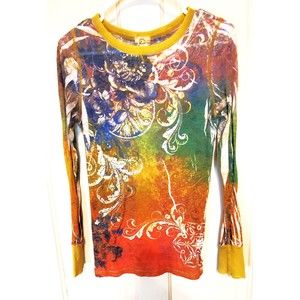 Long Sleeve Top Multi-color "Daytrip" Medium Rhinestones on Front Used